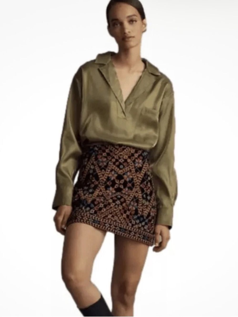 Anthropologie PLEOINE Iridescent Green Collared Boxy Crop Blouse XL